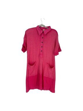 BIBI Hot Pink Waffle Knit Tunic Dress Medium Drop Shoulder Collared Mineral Wash